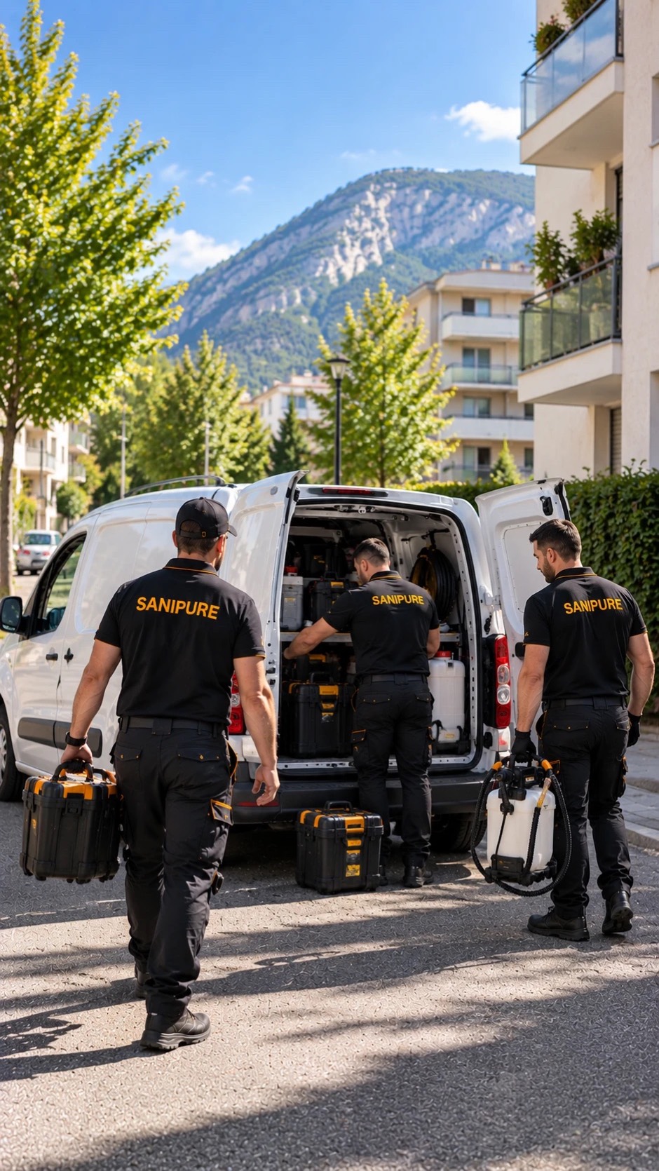 Trois techniciens SANIPURE préparant leur matériel devant leur camionnette