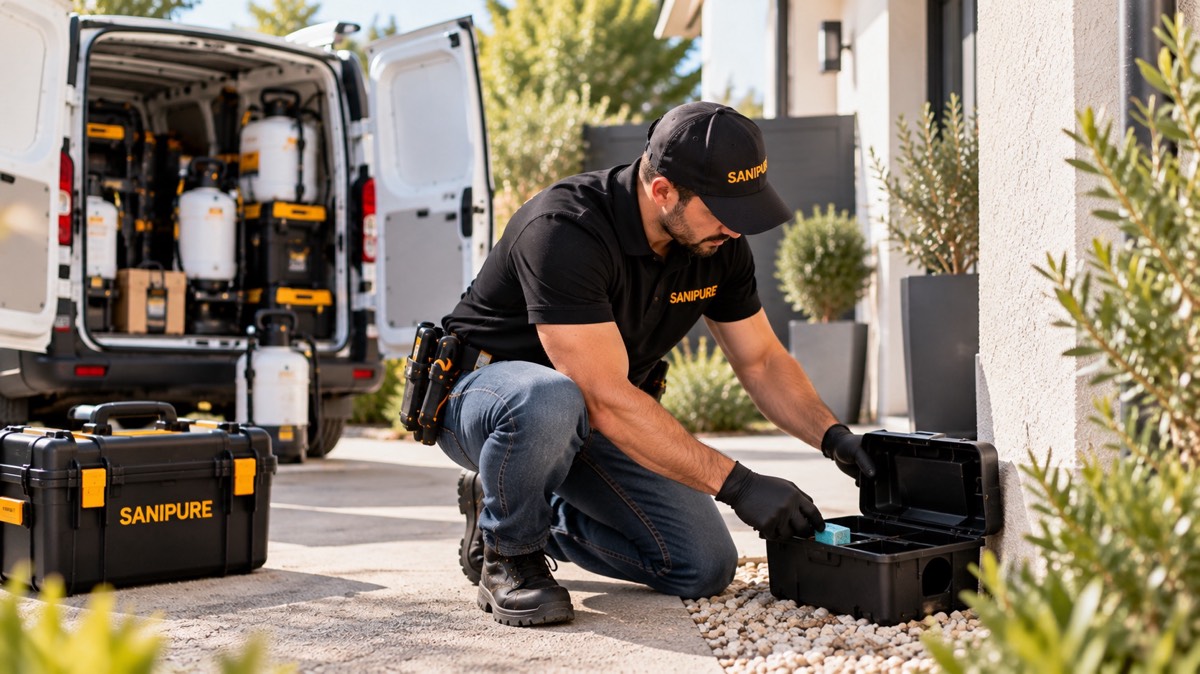 Technicien SANIPURE plaçant un appât dans un poste sécurisé, près de son utilitaire équipé