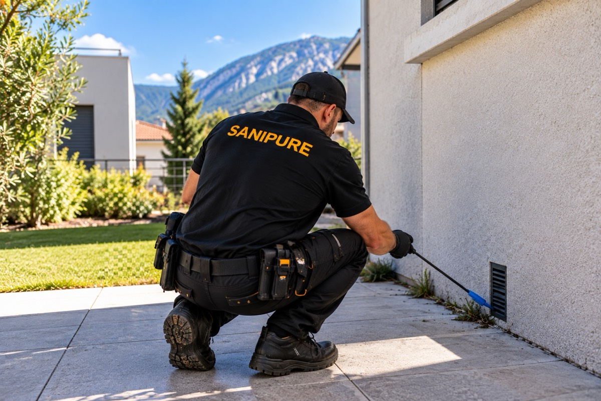 Technicien SANIPURE traitant une grille d’aération au pied d’une façade