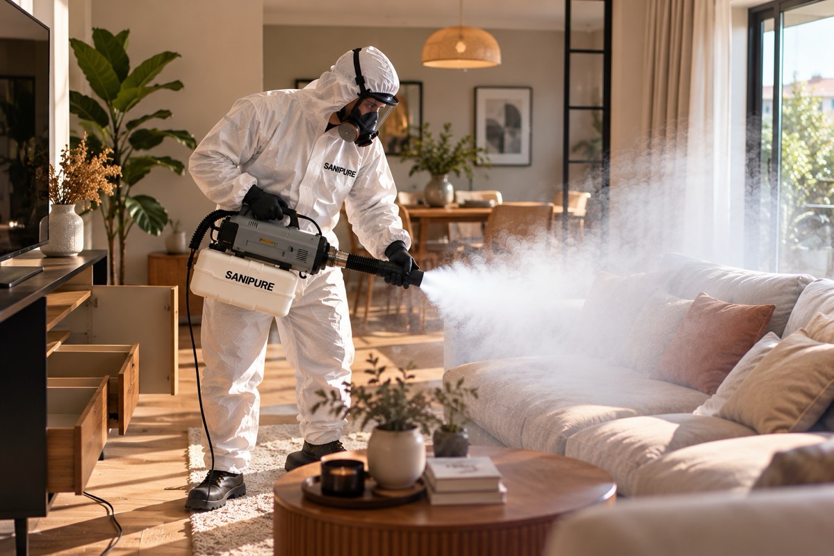 Technicien SANIPURE en combinaison de protection nébulisant un séjour
