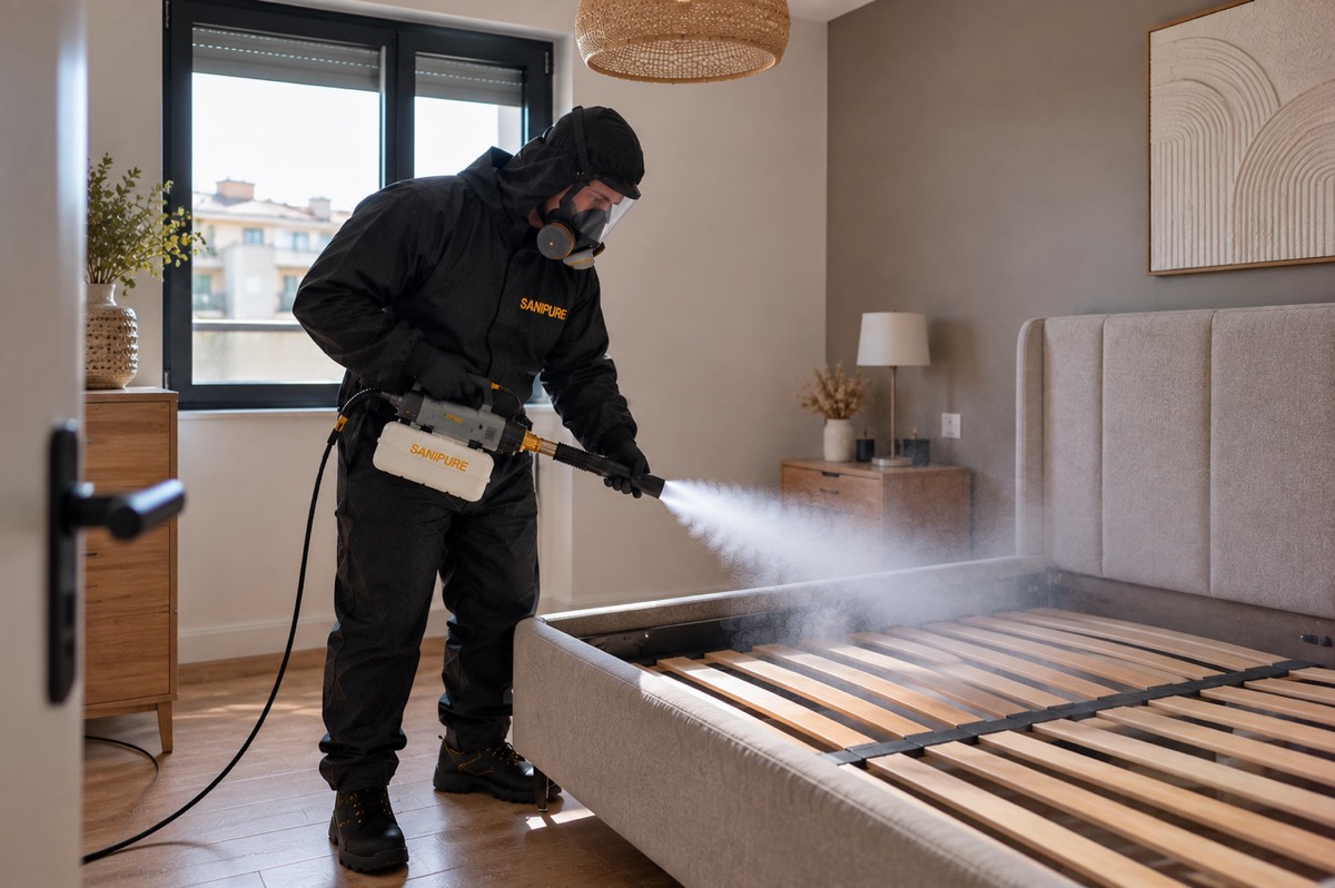 Technicien SANIPURE traitant le cadre d’un lit dans un appartement