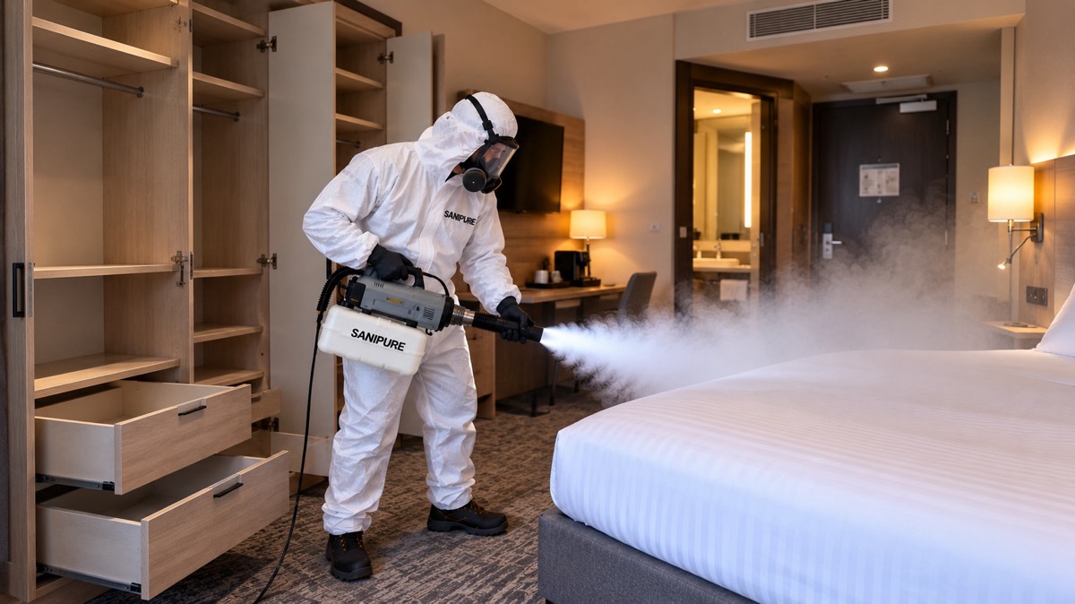 Technicien SANIPURE traitant une chambre d’hôtel par nébulisation