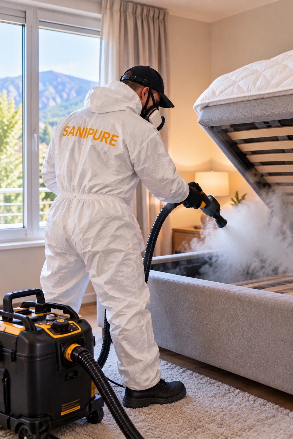 Technicien SANIPURE traitant à la vapeur sèche le sommier d’un lit