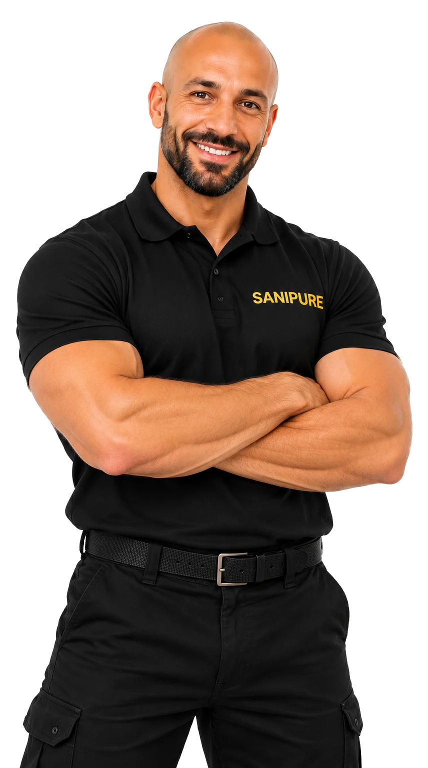 Professionnel SANIPURE en polo noir, bras croisés
